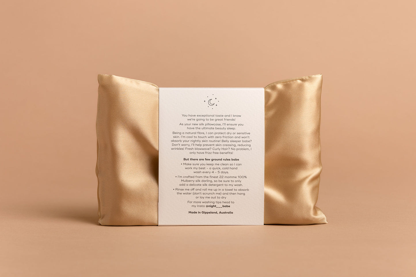 night babe gold silk pillowcase in packaging, back.