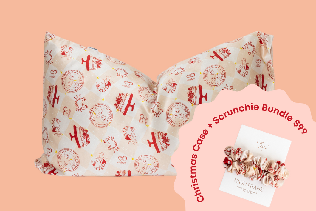 The Christmas Feast Mulberry Silk Pillowcase + Scrunchie Bundle